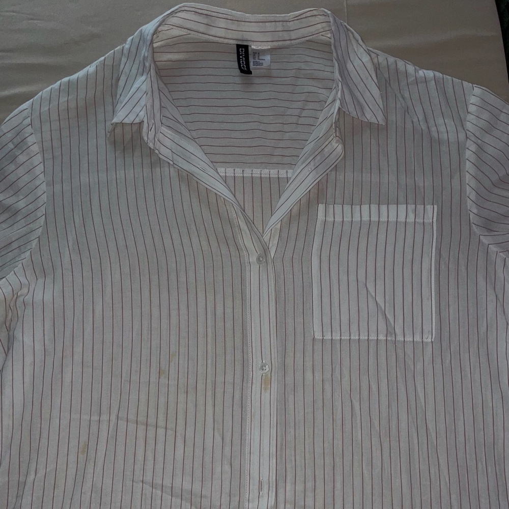 white button down with beige stripes.
